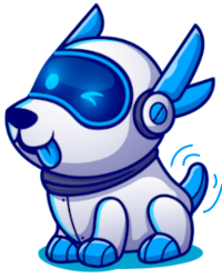 a friendly looking cartoon blue robot dog with its tongue sticking out